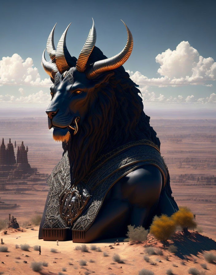 Majestic sphinx with lion body and goat head in desert with intricate armor