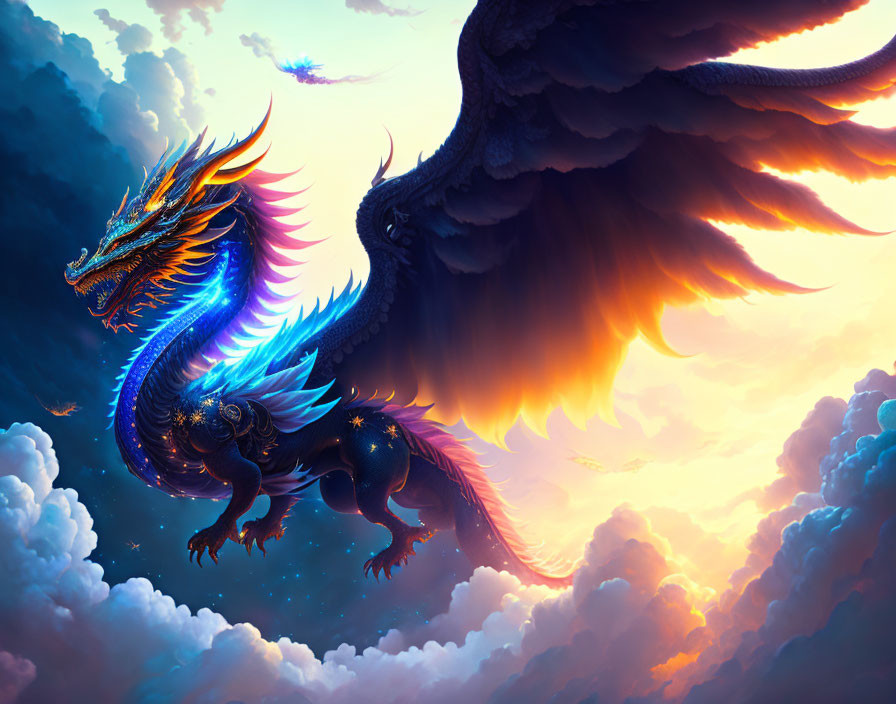 Colorful Dragon Soaring in Vibrant Sunset Sky