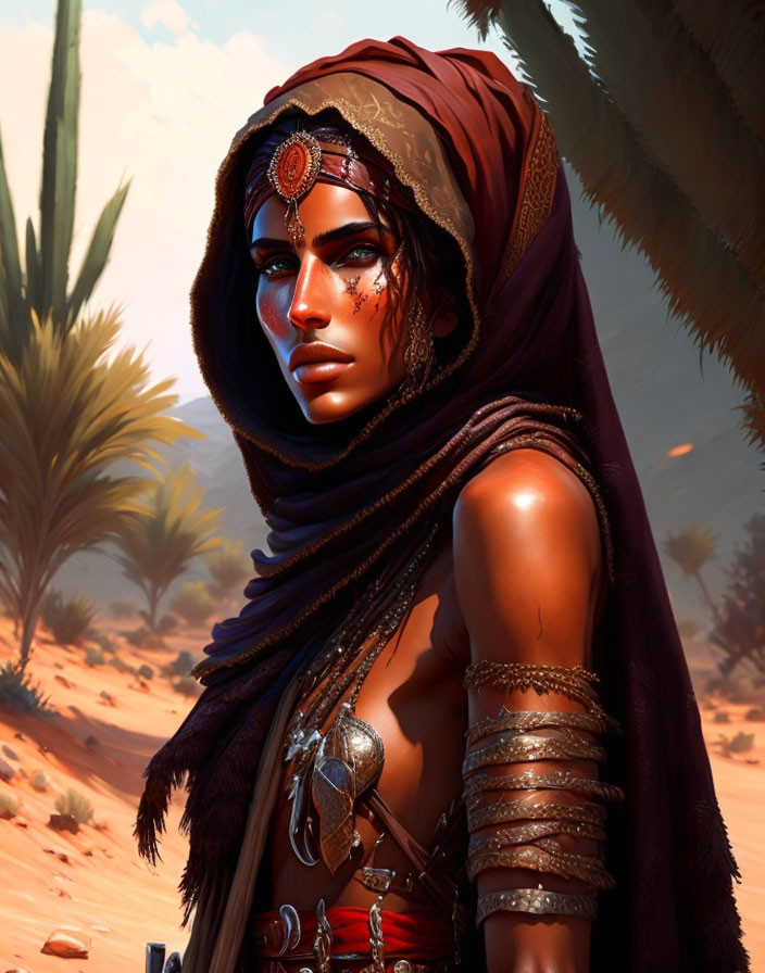 Woman in desert attire with striking eyes against arid backdrop.