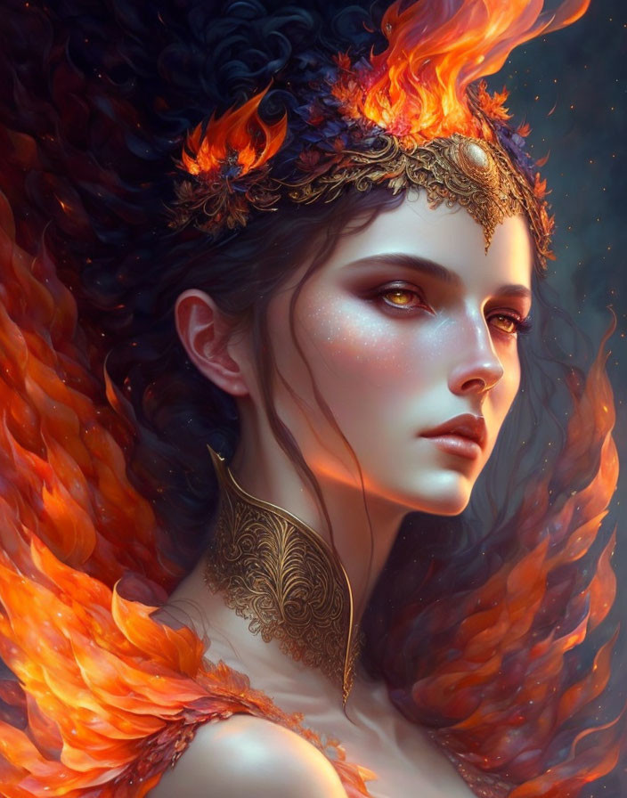 Portrait of woman with fiery red hair and gold jewelry in mystical setting