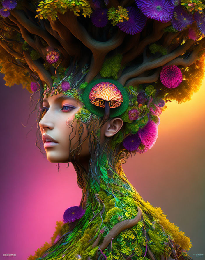 Woman with vibrant tree-like growths and colorful foliage portrait.