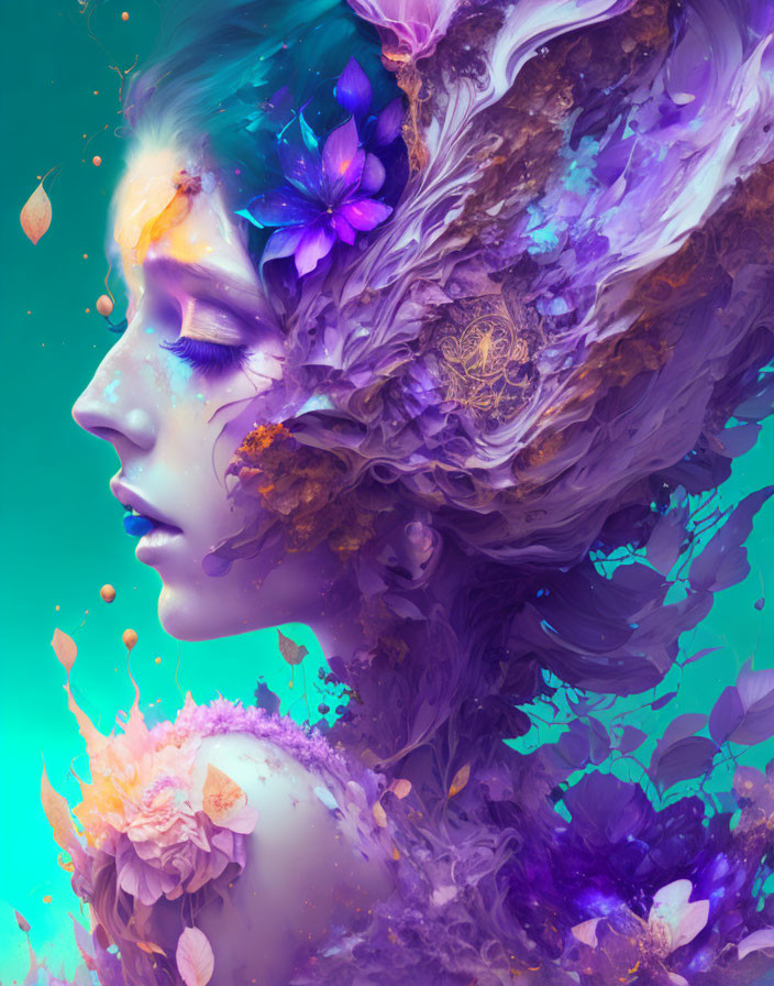 Vibrant surreal portrait of a woman with purple and gold hues and cosmic elements