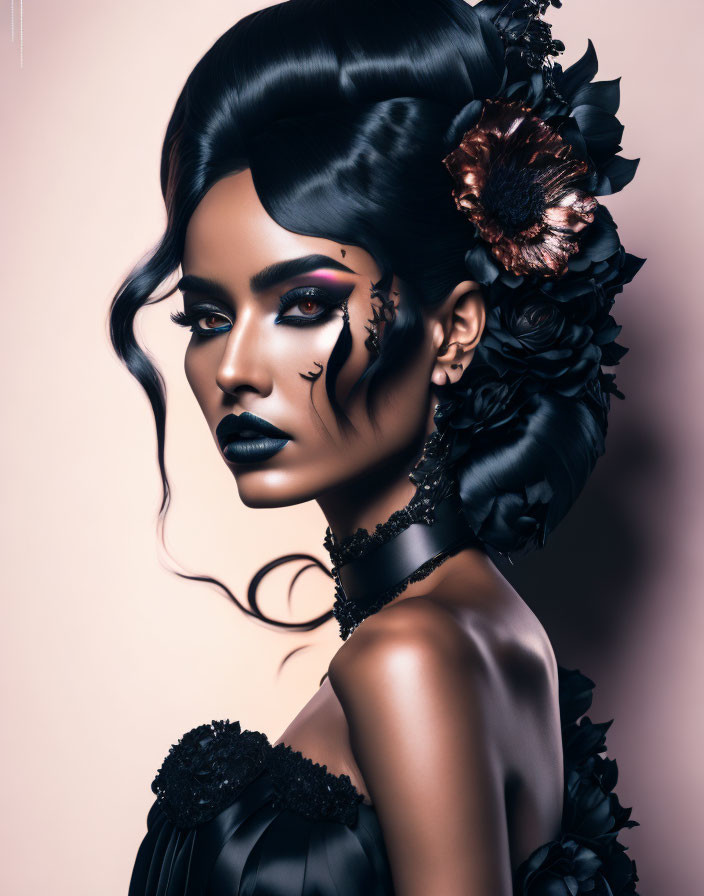 Elaborate Black Hairstyle with Floral Adornments and Dramatic Makeup