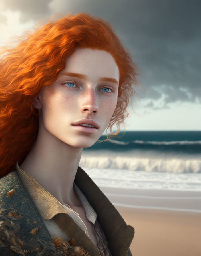 Digital Artwork: Fiery Red Hair, Blue Eyes, Detailed Jacket on Beach Background