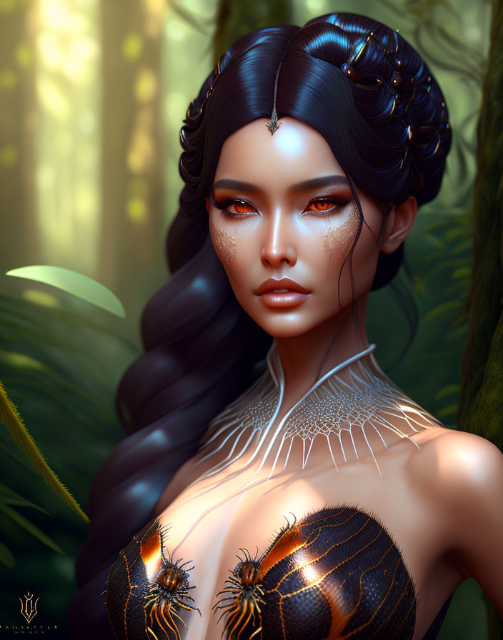 Elaborate Hair and Metallic Adornments in Mystical Forest