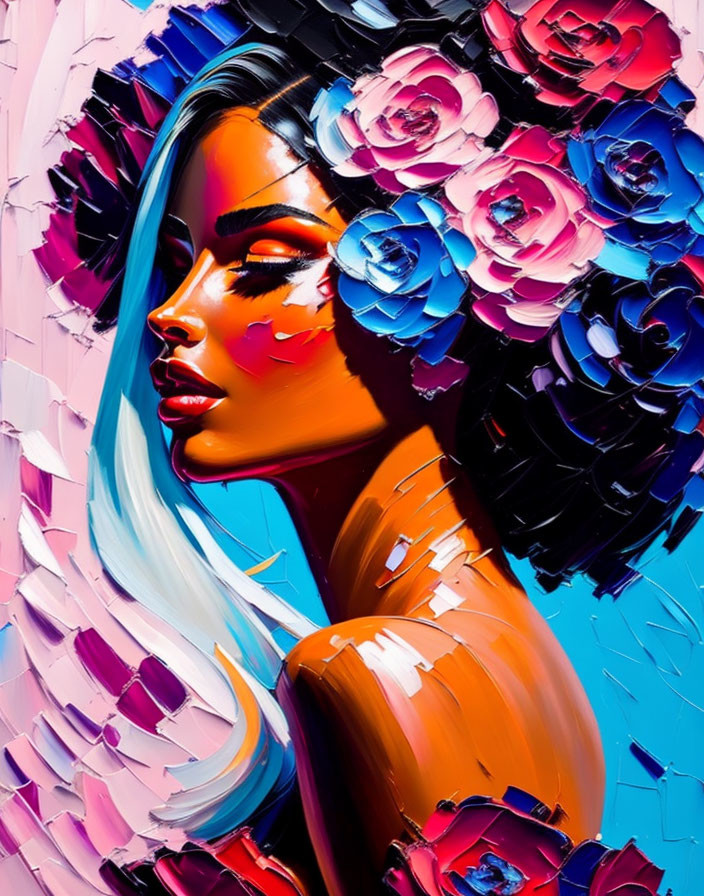 Colorful artwork of woman with flowery hair in vibrant blues, pinks, and purples