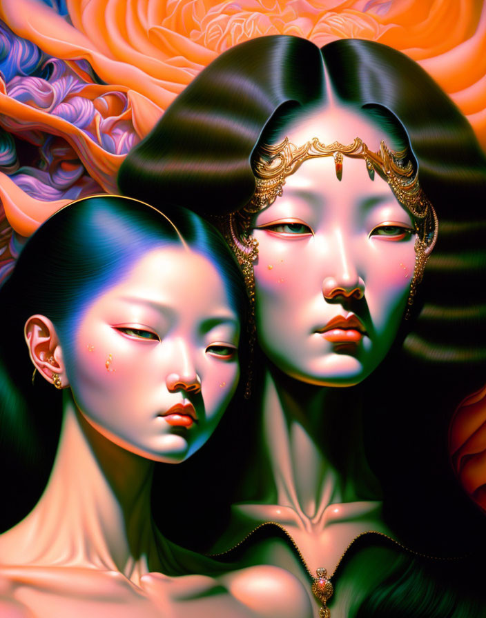 Stylized female figures with elaborate hairstyles and ornate jewelry on vibrant backdrop