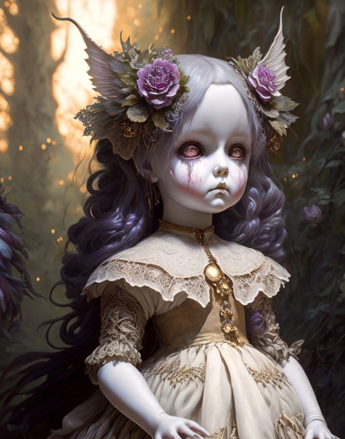 Artistic doll with purple hair and floral headpieces in ethereal forest.