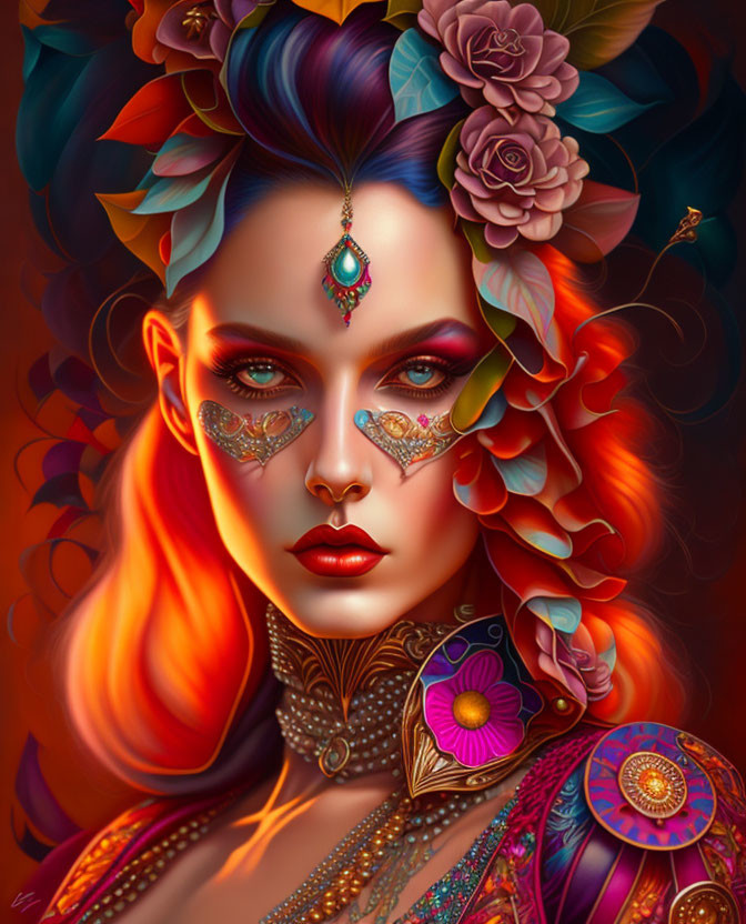 Colorful portrait of a woman with floral hair adornments and intricate jewelry on warm backdrop