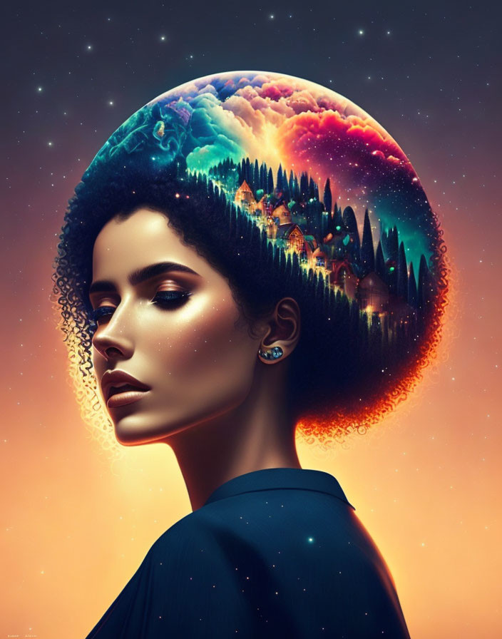 Portrait of a woman with cosmic landscape hair and village silhouette