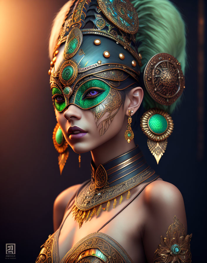 Intricate golden headgear and jewelry with peacock feather motifs, masquerade eye mask,