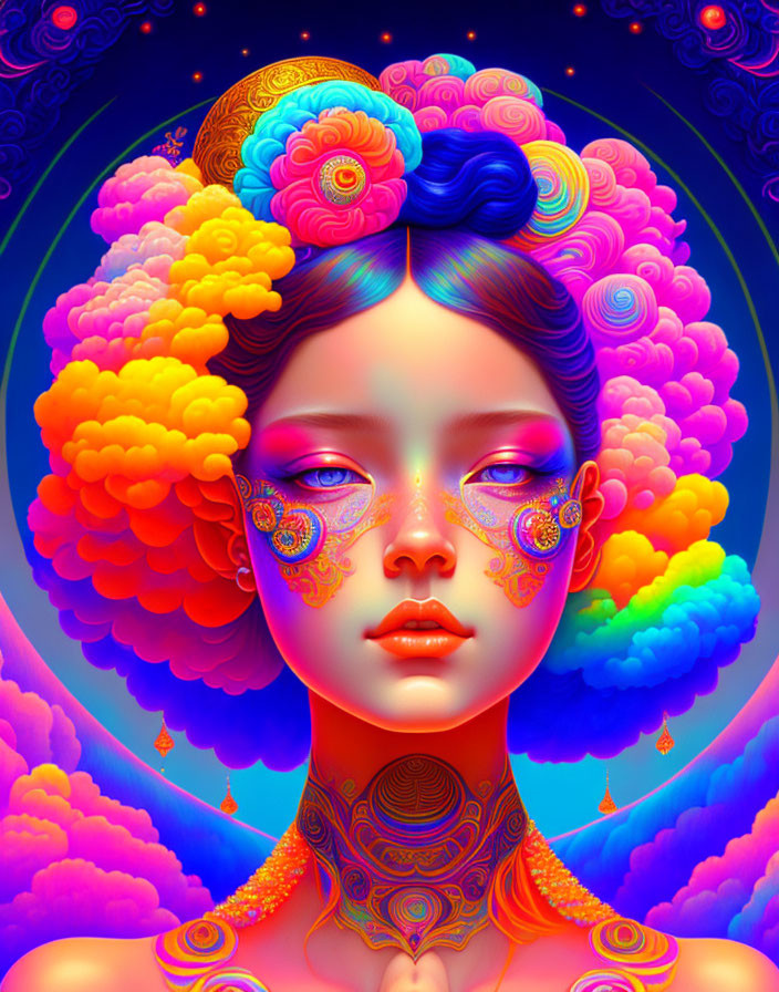 Colorful Stylized Woman Portrait with Psychedelic Background