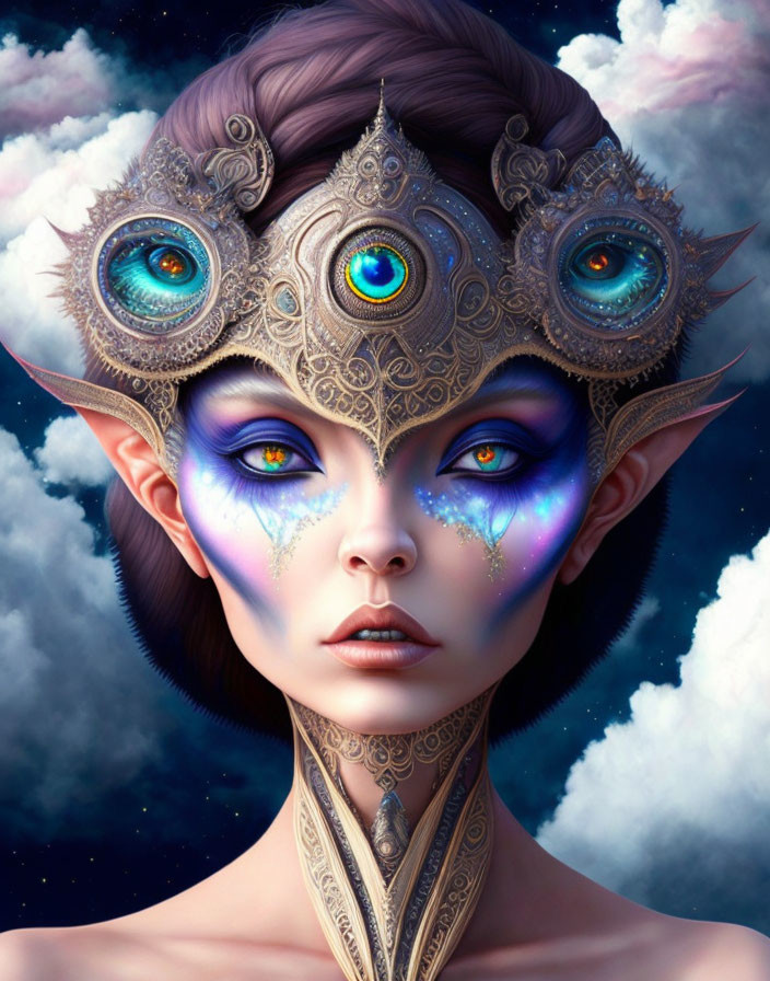 Fantasy female character with pointed ears and decorative crown under starry sky.