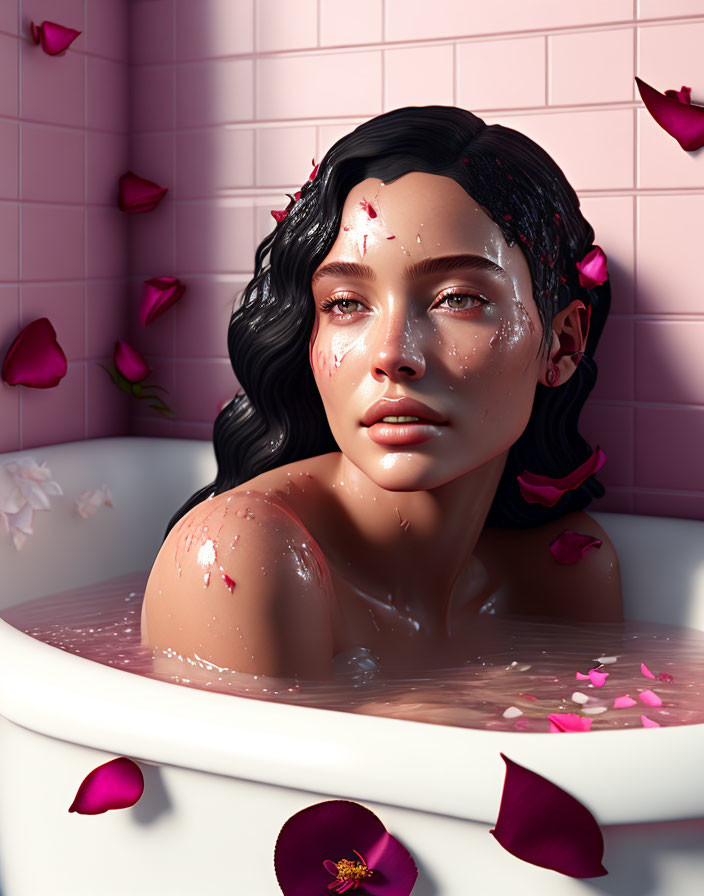 Woman relaxing in petal-infused bath with wet hair and serene expression under soft sunlight.