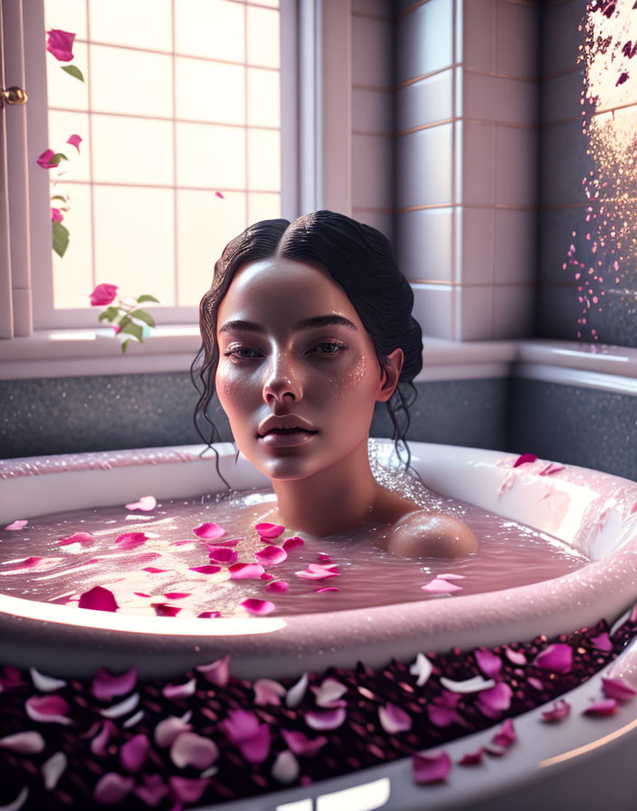 Woman relaxing in bath with rose petals and sunlight streaming in