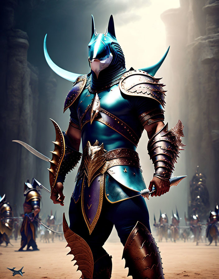 Armored figure with blue jackal-like helmet in desert with warriors under towering arch