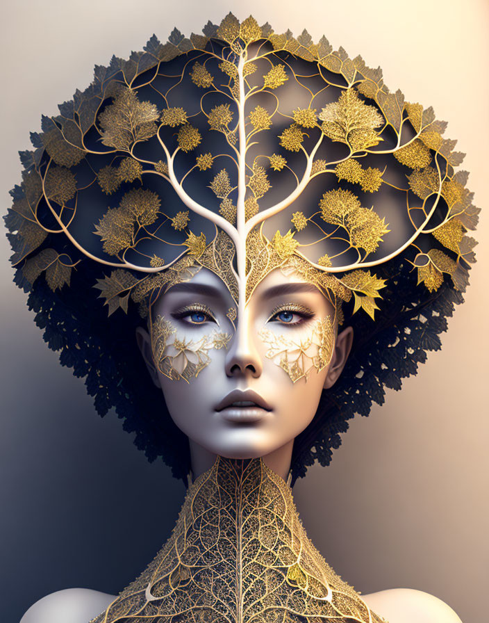 Digital artwork: Woman with golden tree headdress and leaf face adornments