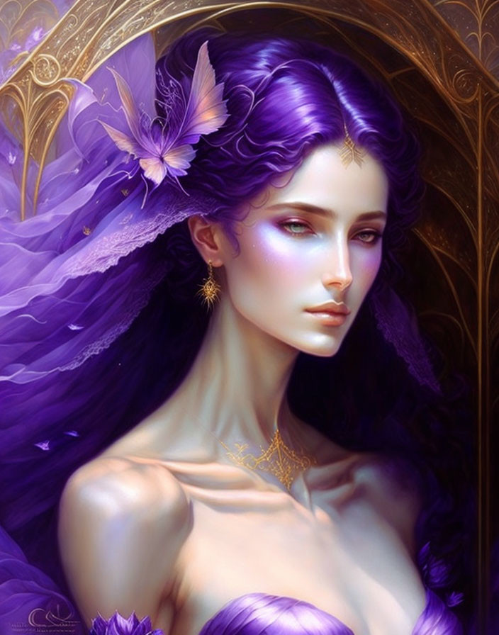 Fantasy artwork: Woman with purple hair, butterfly, golden jewelry, and mystical aura surrounded by feathers