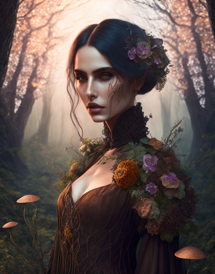 Ethereal woman with floral hair adornments in misty enchanted forest