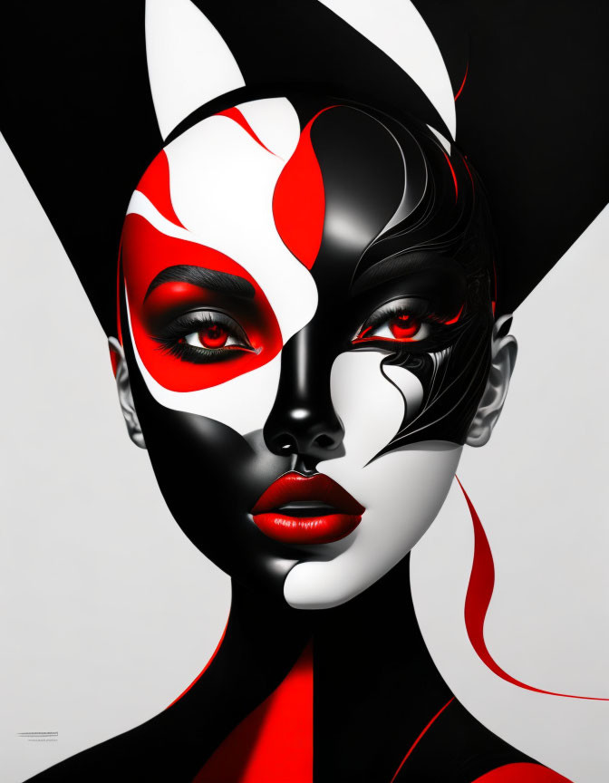 Stylized digital artwork of female face with black, white patterns, and red makeup