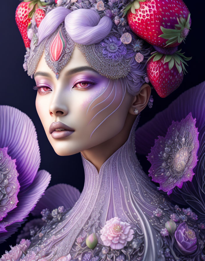 Digital artwork: Woman with strawberries, floral patterns; purple, pink color scheme, fantasy theme