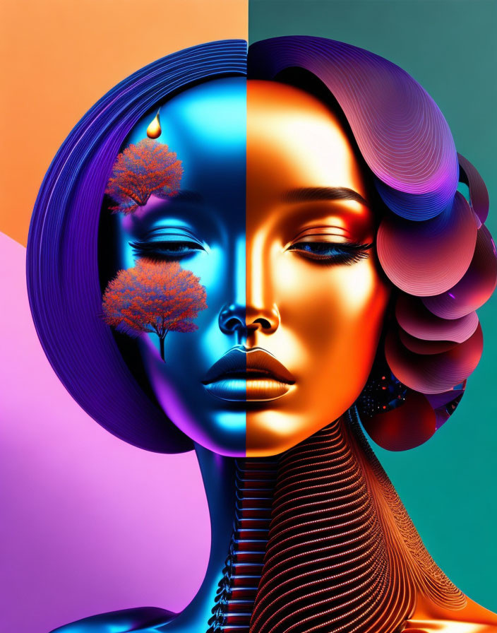 Colorful abstract digital artwork featuring symmetrical faces with textured elements.