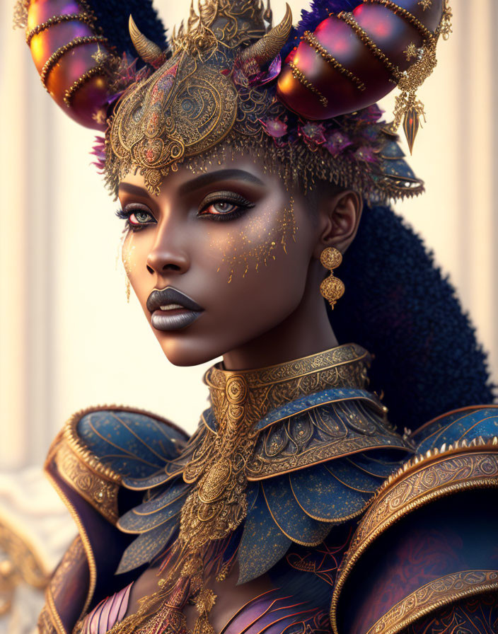 Regal female digital portrait with ornate golden headdress and elegant armor