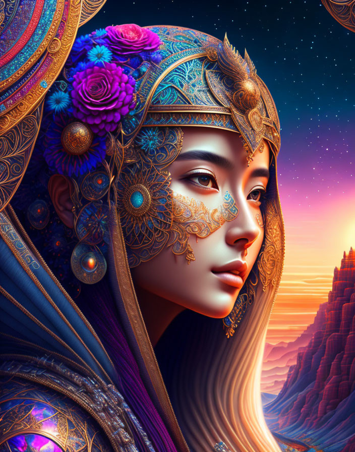 Detailed digital portrait of woman with ornate headdress and jewelry against starry sky and canyon.