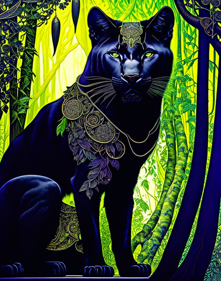 Majestic black panther adorned with golden jewelry in lush jungle scene