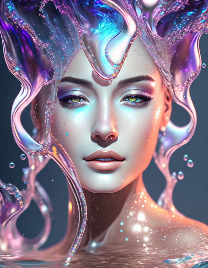 Digital artwork of woman with aquatic theme: flowing water hair, shimmering skin, blue & purple tones