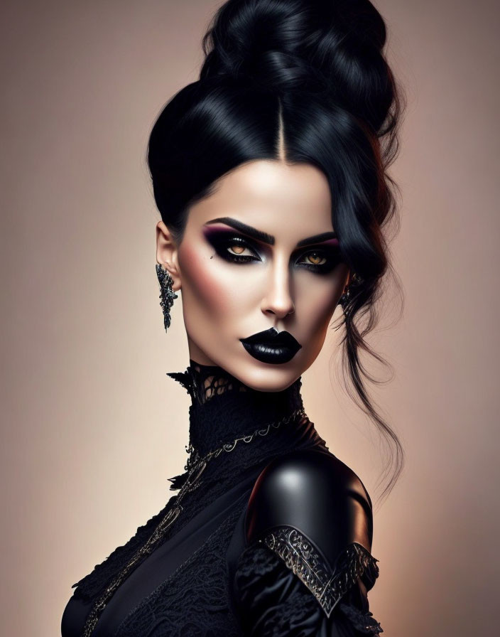 Woman with Striking Makeup: Black Lipstick and Smokey Eyes