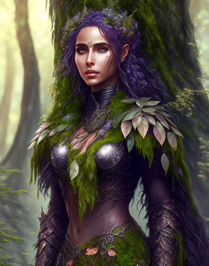 Fantasy female character with purple skin and leafy attire in enchanted forest