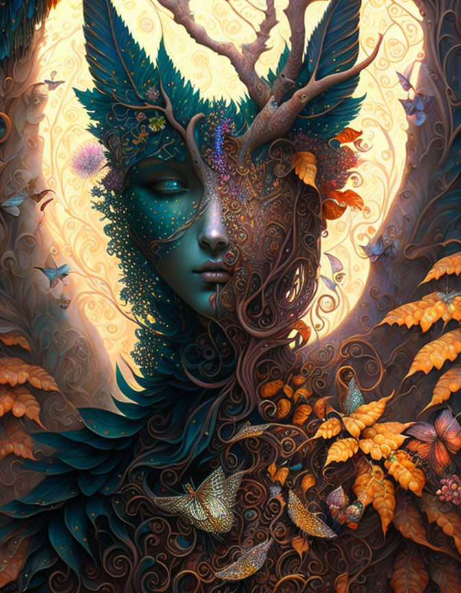 Blue-skinned creature with branch-like antlers and butterflies in warm-toned setting