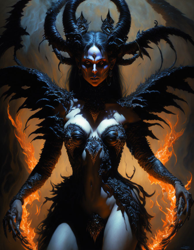 Mystical figure with horns and wings in fiery setting