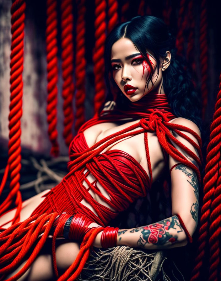 Woman with dramatic makeup and tattoos bound by red ropes in Shibari session