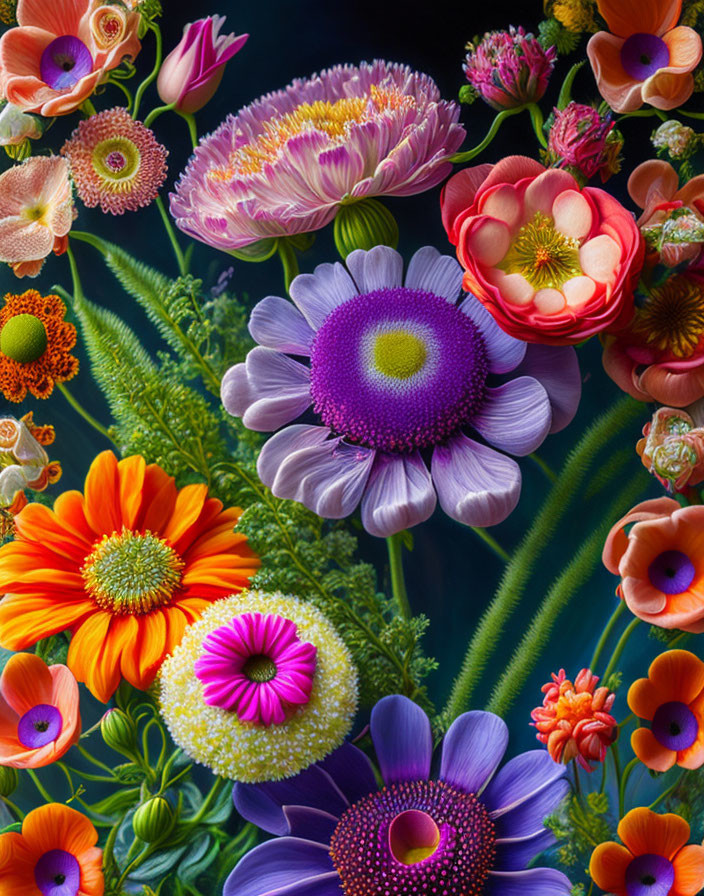 Colorful Flower Bouquet on Dark Background: Purple, Orange, Pink