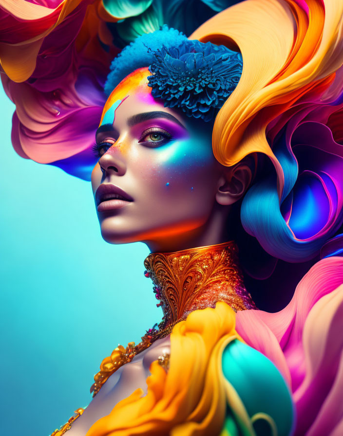 Colorful portrait of woman with multicolored makeup and swirling hair on teal background