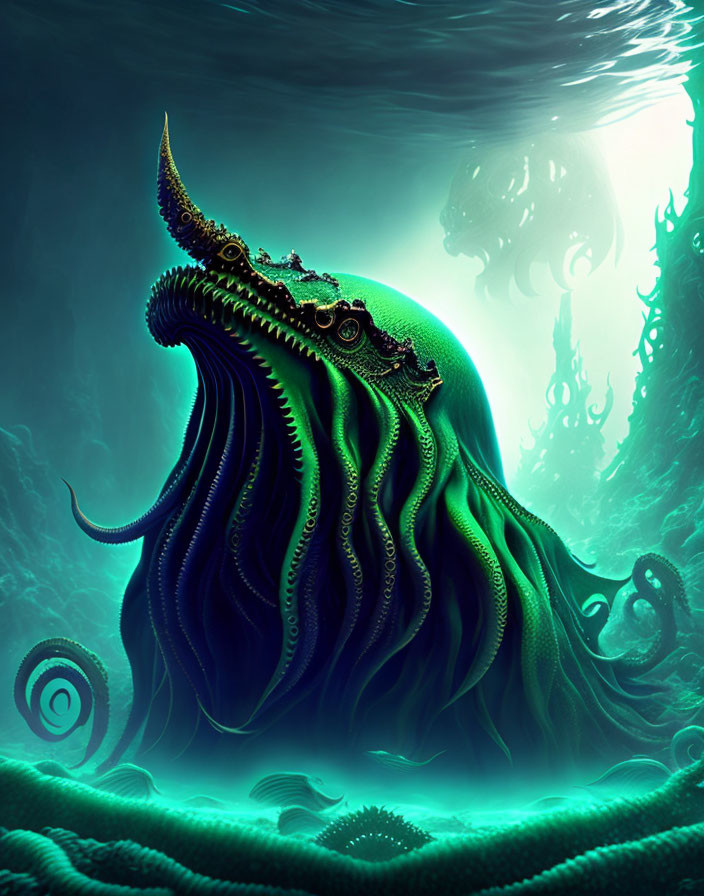 Fantastical underwater creature with tentacles in luminous teal glow