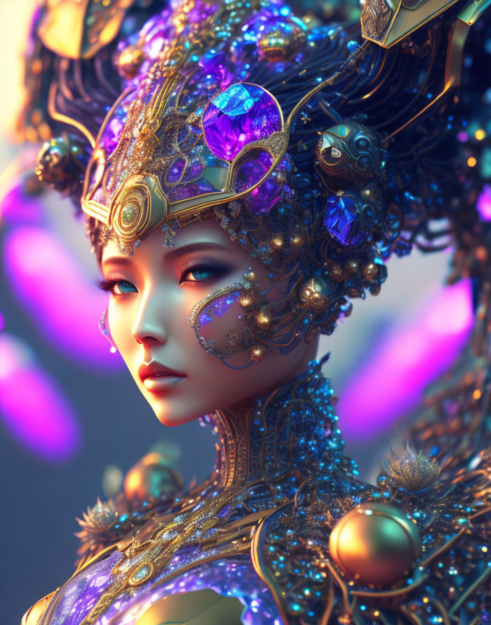 Intricate digital art: Woman with ornate golden headdress