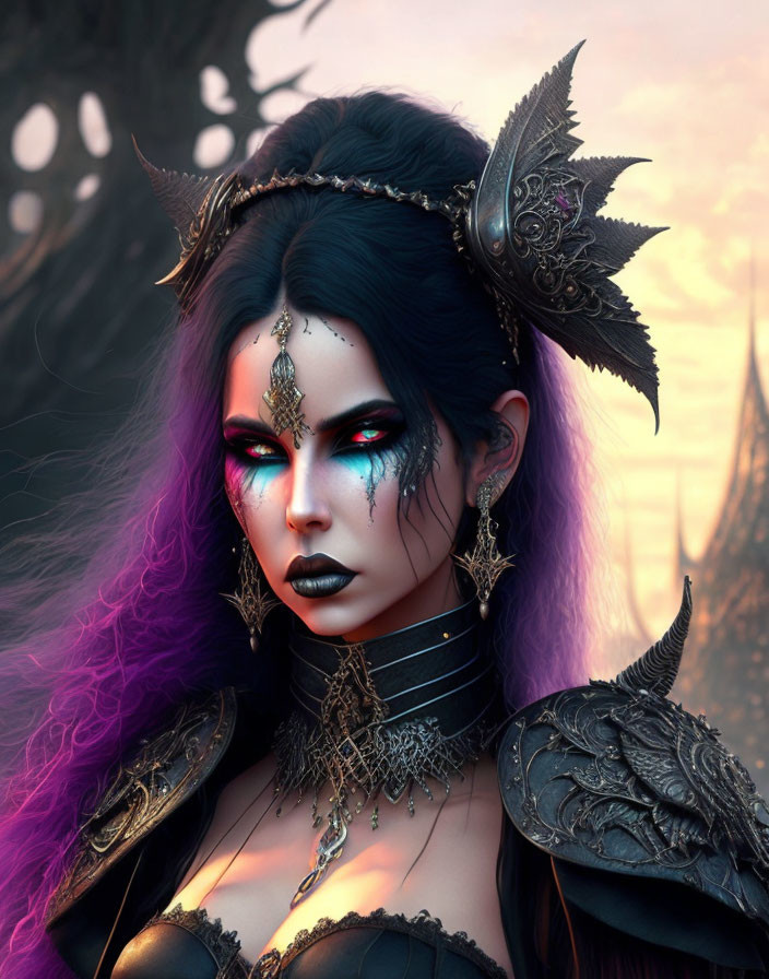 Fantasy portrait featuring woman with dark makeup and purple hair.