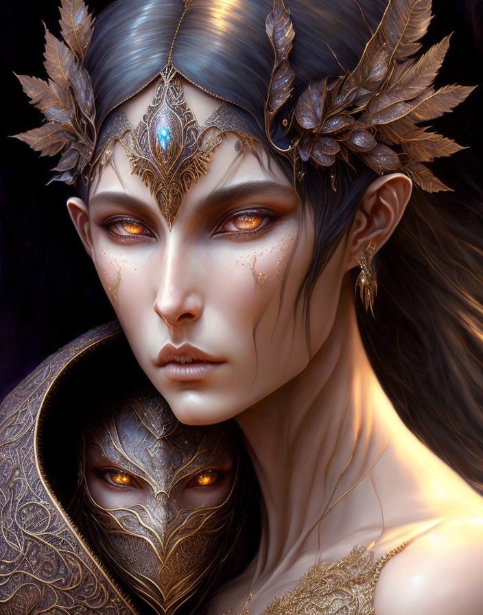 Fantasy character digital art portrait with crown and mask