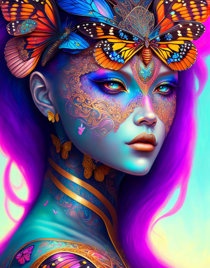 Colorful artwork: woman with purple hair and intricate face patterns.