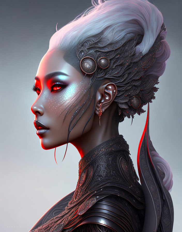 Futuristic digital artwork of woman with ornate attire and detailed ear jewelry