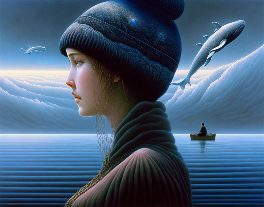 Surreal illustration: Woman with ornate cap, orca in sky, person in boat on