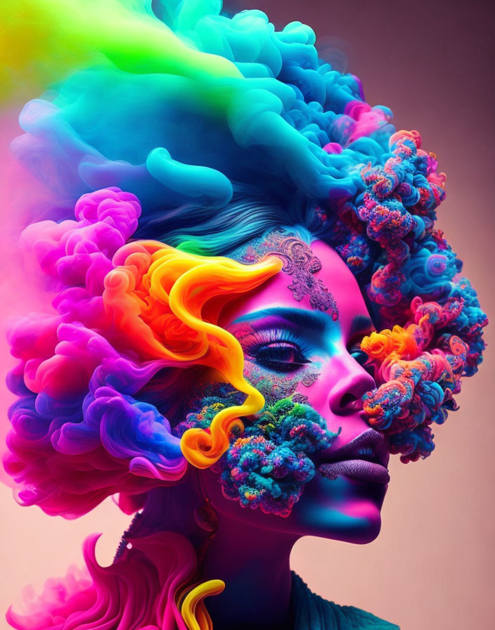 Colorful portrait with smoke-like effects and vivid clouds.