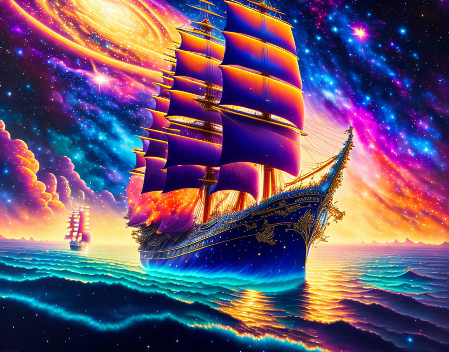 Elaborate sailing ship with glowing blue sails in cosmic ocean