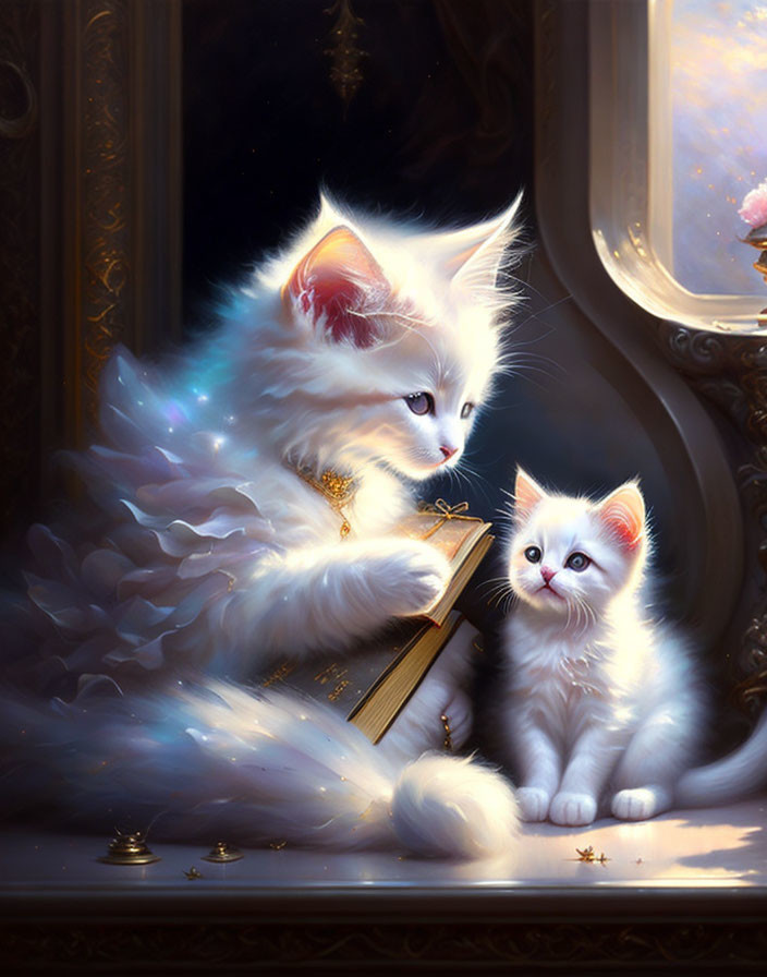 Ethereal white cats with wings and pendant in intimate moment