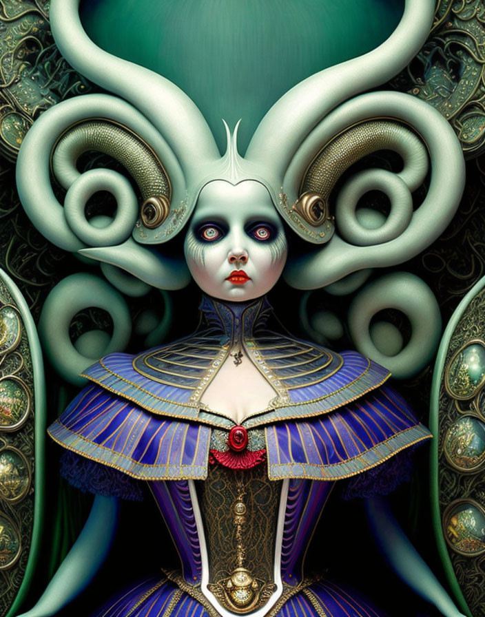 Surreal female figure with ram-like horns in blue and gold Victorian gown