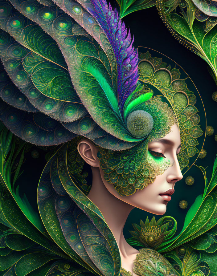 Elaborate peacock feather-inspired woman portrait with green and gold details