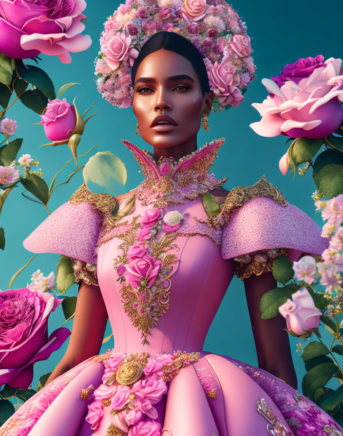 Woman with Floral Headpiece and Pink Dress on Teal Background